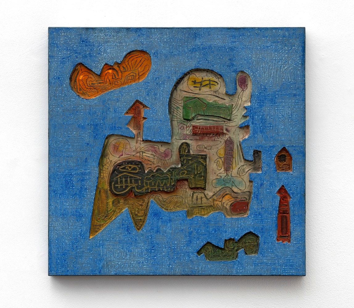 Ynez Johnston (1920-2019)
Blue Encounter, 1969
carved wood panel polychrome
18 1/8 x 17 3/4 inches; 46 x 45.1 centimeters
LSFA# 14353