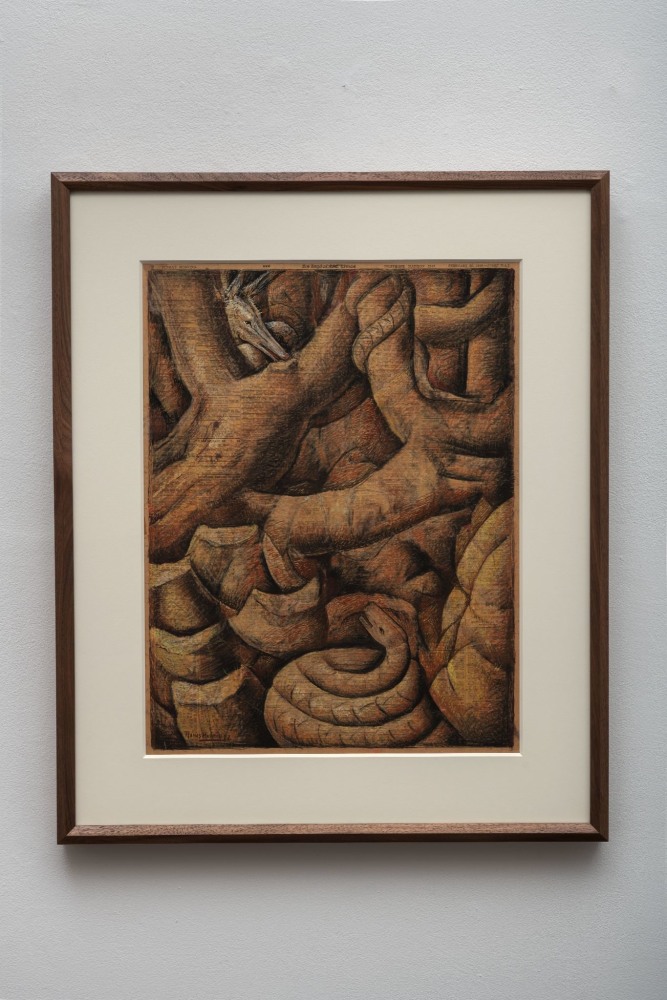 Alfredo Ramos Martinez (1871-1946)

Serpiente con Cacomixtle (Snake with Cacomixtle), c. 1939
tempera on newsprint (Los Angeles Times, February 26, 1939)
27 x 21 inches; 68.6 x 53.3 centimeters

LSFA# 14531