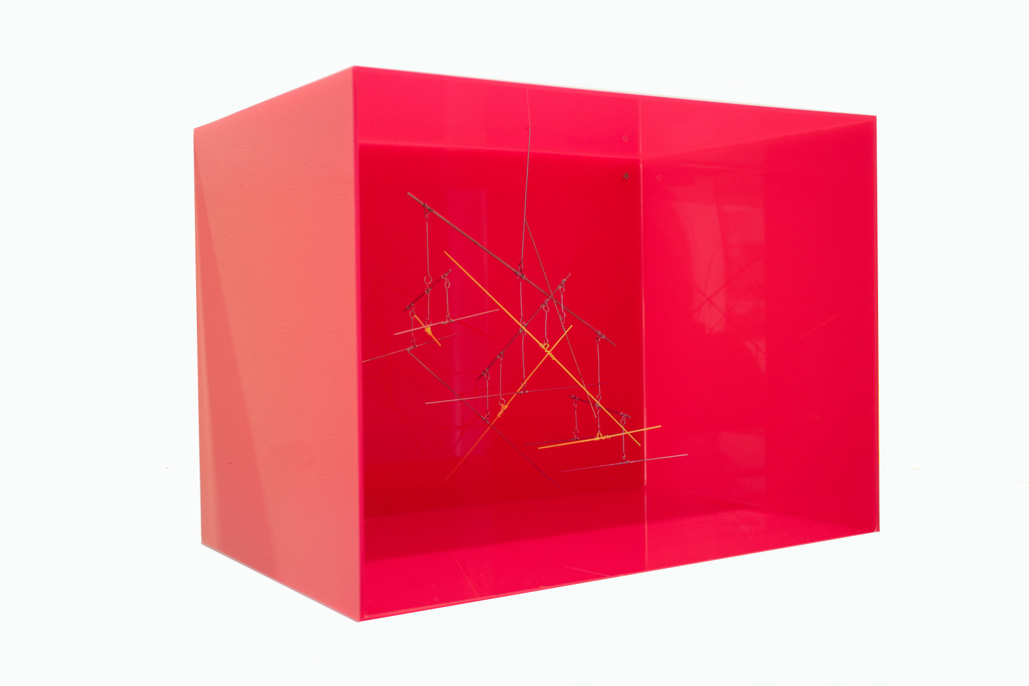16:21 Colour Space, 2014     red acrylic glass, stainless steel and neon yellow pigment 11 x 15 x 10 inches;  27.5 x 37.5 x 25 centimeters LSFA# 13273