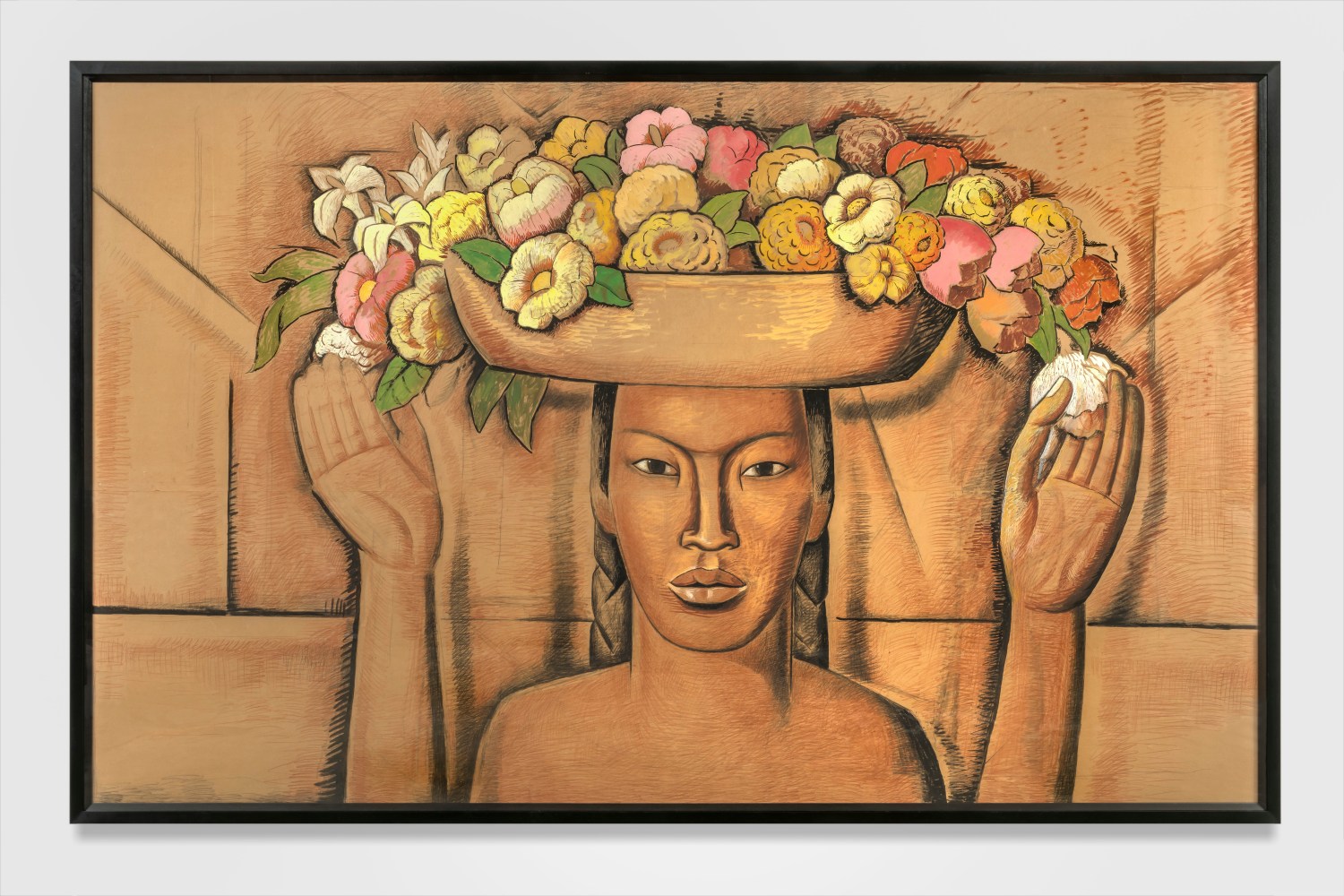 Alfredo Ramos Martínez (1871-1946)  Mural Study for Vendedoras de Flores (Scripps College), c. 1945   Conté crayon and tempera on butcher paper mounted on nonwoven polyester sheet  87 x 138 inches;  221 x 350.5 centimeters LSFA# 14731