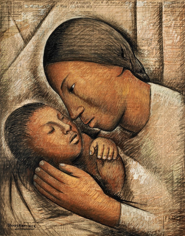 Alfredo Ramos Martínez (1871-1946) Amor de Madre, circa 1934     tempera on newsprint 20 3/4 x 16 1/2 inches;  52.8 x 41.9 centimeters LSFA# 13315