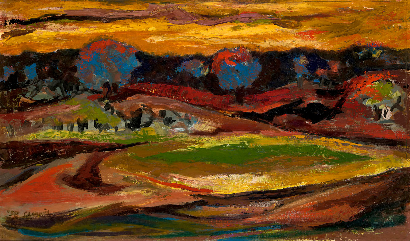 Samella Lewis  Upstate New York Landscape, 1958  oil on wood panel  17 x 29 inches; 43.2 x 73.7 centimeters  LSFA# 12071
