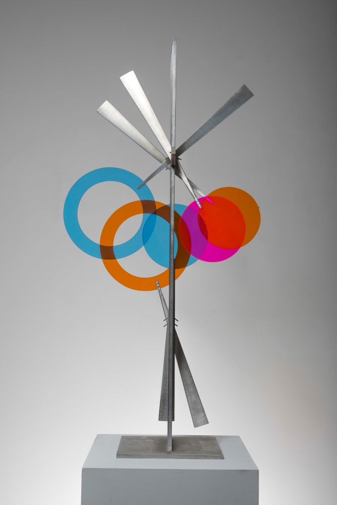 Jerome Kirk (1923-2019) Transfusion, 1982     aluminum, steel and acrylic 36 3/4 x 21 x 8 inches;  93.3 x 53.3 x 20.3 centimeters LSFA# 15360