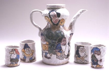 Snow White Teapot with 4 Cups, 1993

9 1/2 x 10 x 5 inches (cups 3 x 3 inches) &amp;nbsp;