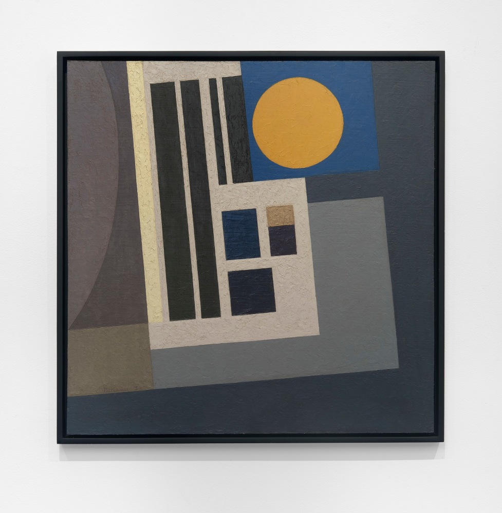 Karl Benjamin (1925-2012)
Night Building, Yellow Moon, 1954
oil on canvas
24 x 23 1/2 inches;&amp;nbsp; 61 x 59.7 centimeters
LSFA# 10807