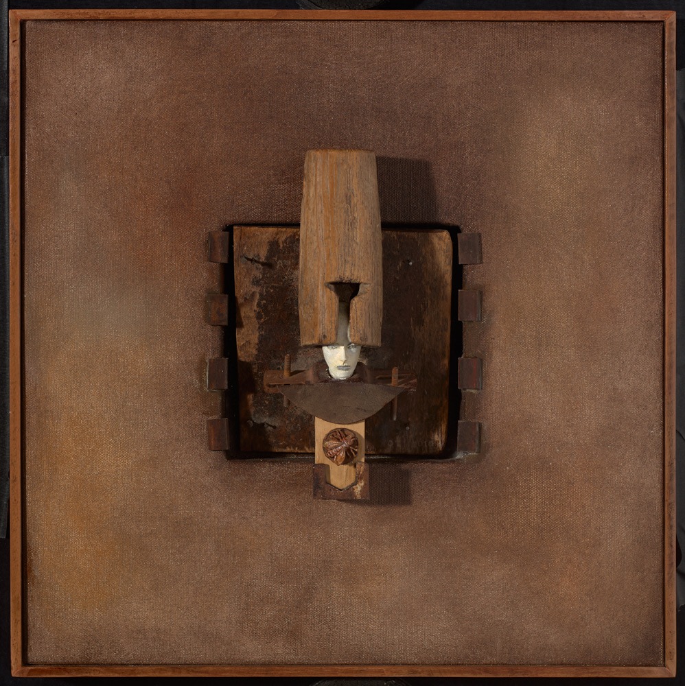 The Bee Man, 2015     oil on canvas, bronze, wood, iron 16 1/2 x 16 1/2 x 3 inches;  41.9 x 41.9 x 7.6 centimeters LSFA# 13368