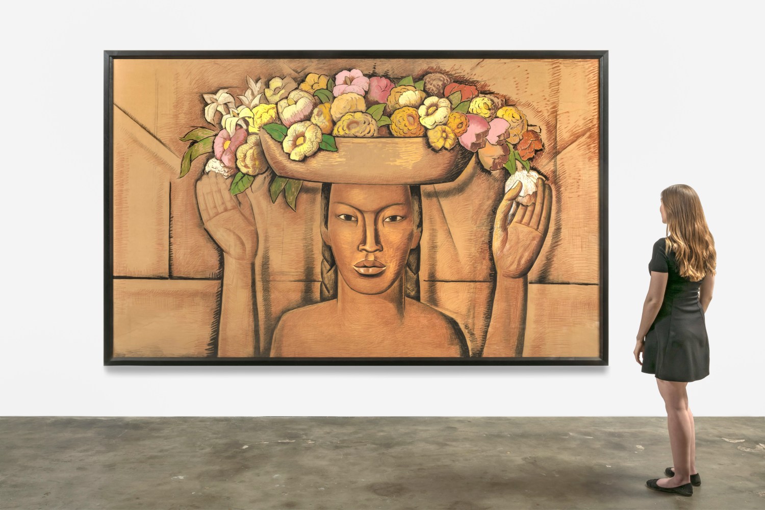 Alfredo Ramos Martínez (1871-1946) Mural Study for Vendedoras de Flores (Scripps College), c. 1945  Conté crayon and tempera on butcher paper mounted on nonwoven polyester sheet 87 x 138 inches;  221 x 350.5 centimeters LSFA# 14731