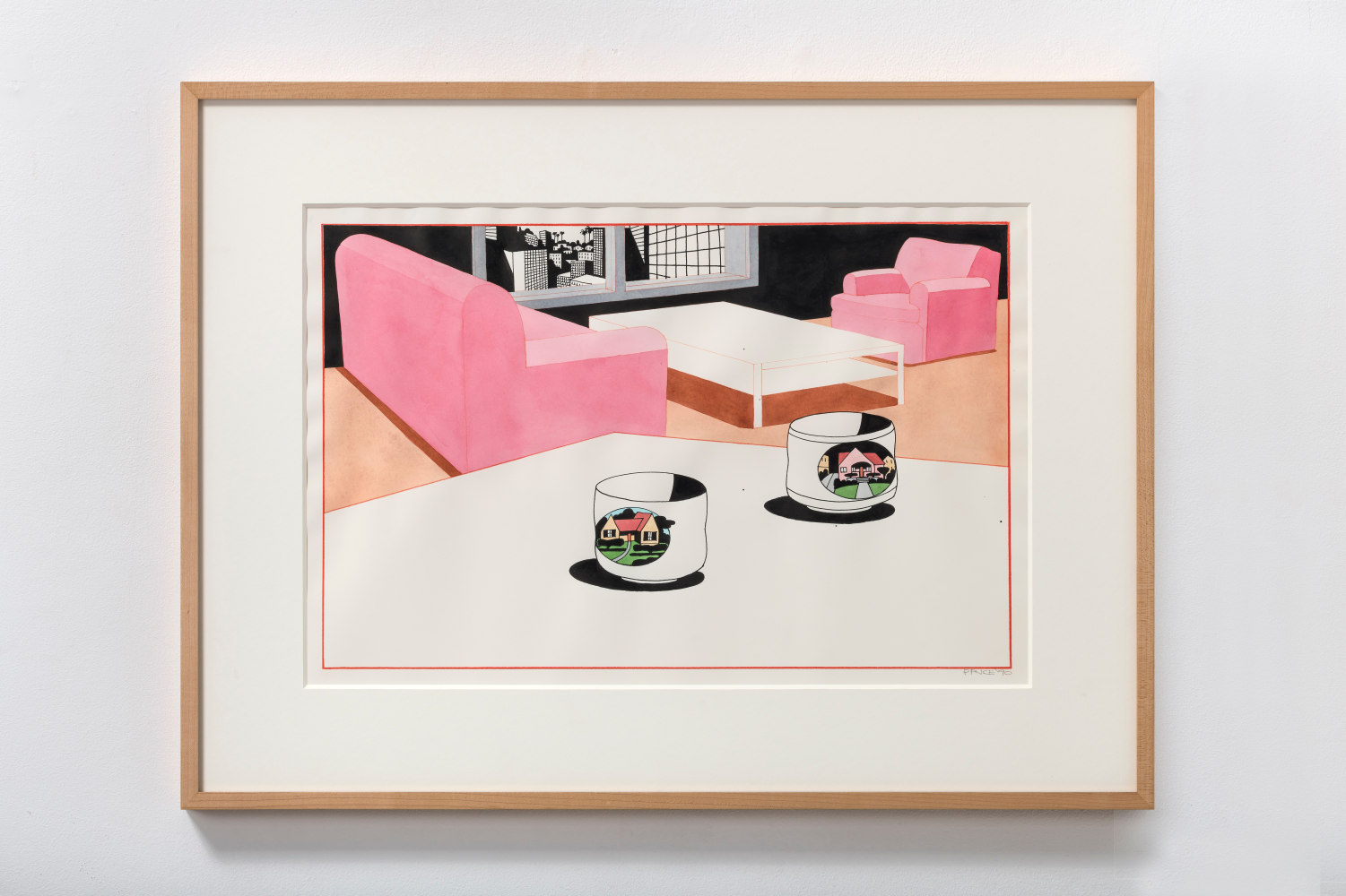 Untitled (Interior with 2 cups with house), 1990     watercolor, ink, and pencil on paper 15 5/8 x 23 3/4 inches;  39.7 x 60.3 centimeters LSFA# 15508