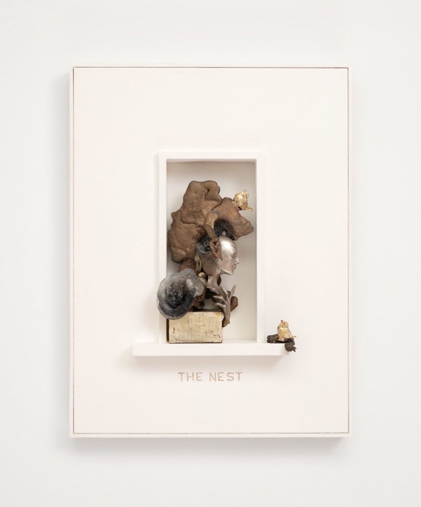 Cecilia Z. Miguez (b. 1955)
The Silver Nest, 2025
bronze, silver, glass, white gold leaf, gold leaf, glass microbeads, wood, canvas, and oil paint
24 5/8 x 18 1/2 x 3 3/4 inches;  62.5 x 47 x 9.5 centimeters
LSFA# 16443
