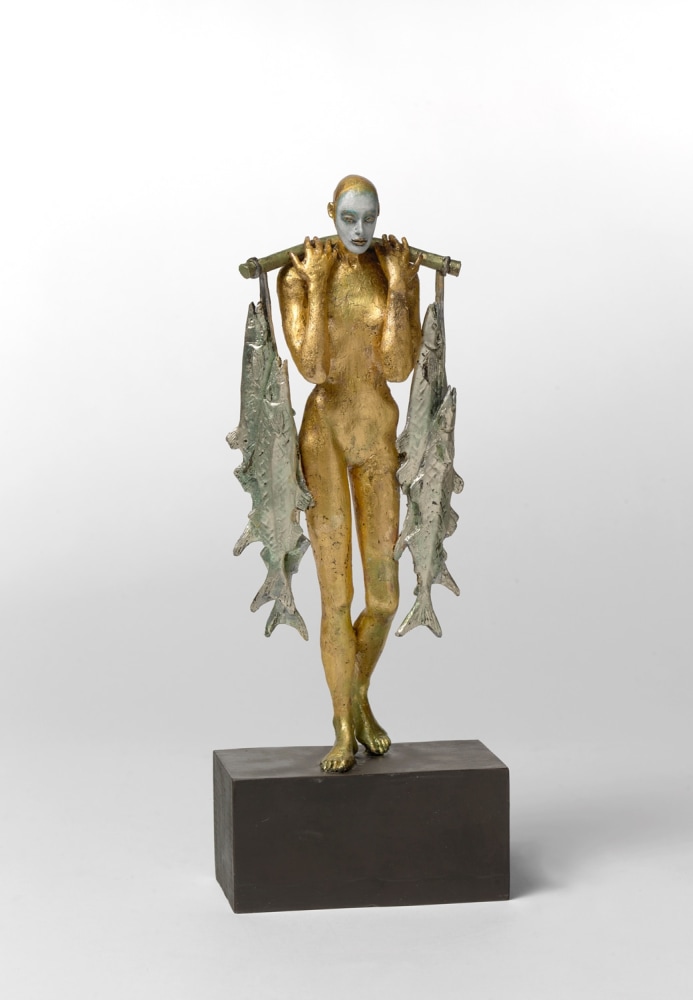 Cecilia Z. Miguez (b. 1955) The Catch, 2019 gold leaf, white gold leaf, and oil paint on bronze 18 x 7 x 3 1/2 inches; 45.7 x 17.8 x 8.9 centimeters LSFA# 14290
