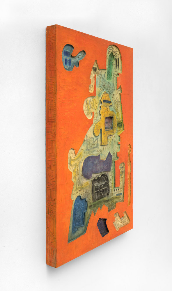 Ynez Johnston (1920-2019) Tropical Interior, 1970  mixed media on carved wood 40 x 24 inches;  101.6 x 61 centimeters LSFA# 13427