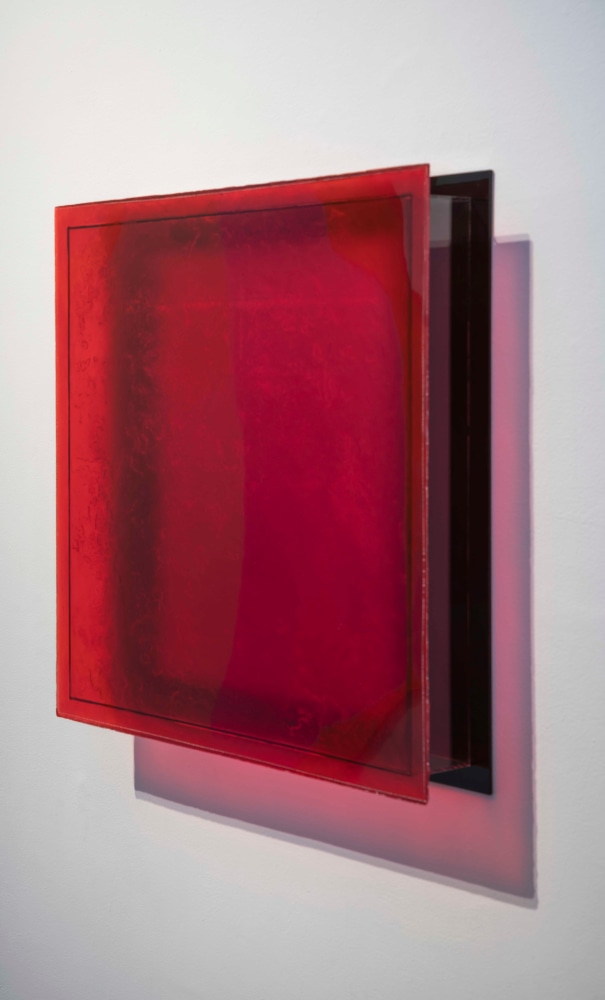 Ron Cooper (b. 1943) Red Mirror Square, 1982     transparent polyester resin, plexiglass, pigment and mirror 24 x 24 x 3 5/8 inches;  61 x 61 x 9.2 centimeters LSFA# 14885