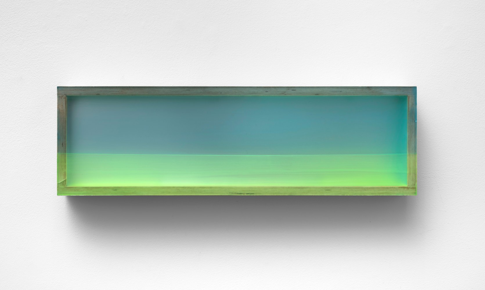 Greenwash, 2019, mixed media, reclaimed Plexiglas, birch plywood box, 8 3/8 x 27 3/4 x 3 3/4 inches; 21.3 x 70.5 x 9.5 centimeters, LSFA# 14798