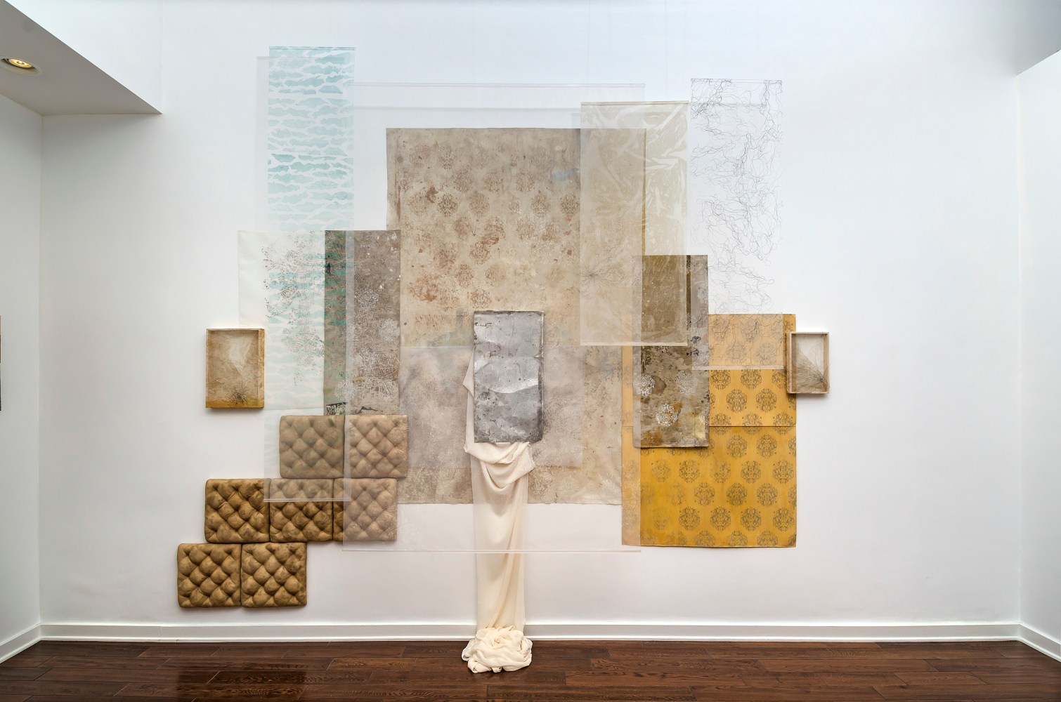 screen printed organza, found paper and drop cloth, stitched horse hair, ink-jet printed dropcloth, aluminum printing plate, silk chiffon, alpaca fur, horse hair, stained silk organza, beads, foam, wood 129 1/2 x 149 x 19 1/2 inches; 328.9 x 378.5 x 49.5 centimeters LSFA# 14170