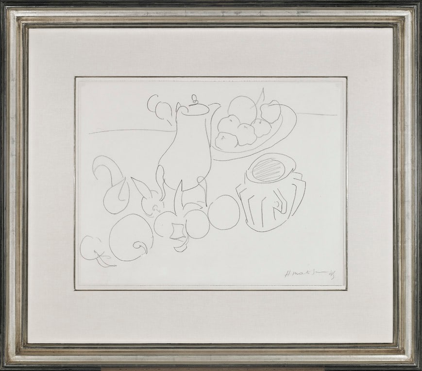 Henri Matisse

Nature Morte, chocolati&amp;egrave;re et fruits, 1945

graphite on Arches paper

16 x 20 &amp;frac34; inches; 40.6 x 52.7 cm