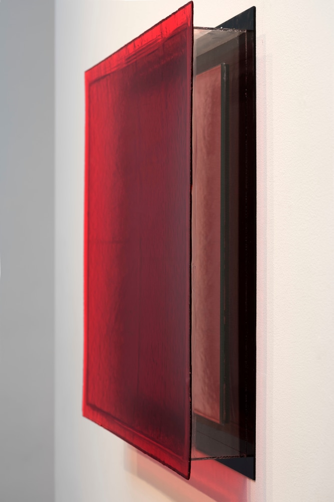 Ron Cooper (b. 1943) Red Mirror Square (side view), 1982, transparent polyester resin, plexiglass, pigment and mirror,  24 x 24 x 3 5/8 inches;  61 x 61 x 9.2 centimeters LSFA# 14885