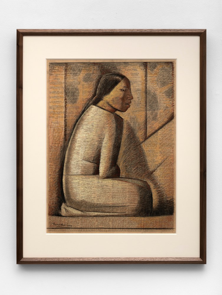 Alfredo Ramos Martínez (1871-1946) Mujer Sentada, c. 1937     Conté crayon, pastel and tempera on newsprint (Los Angeles Times, March 21, 1937) 23 3/4 x 17 3/4 inches;  60.3 x 45.1 centimeters LSFA# 14696