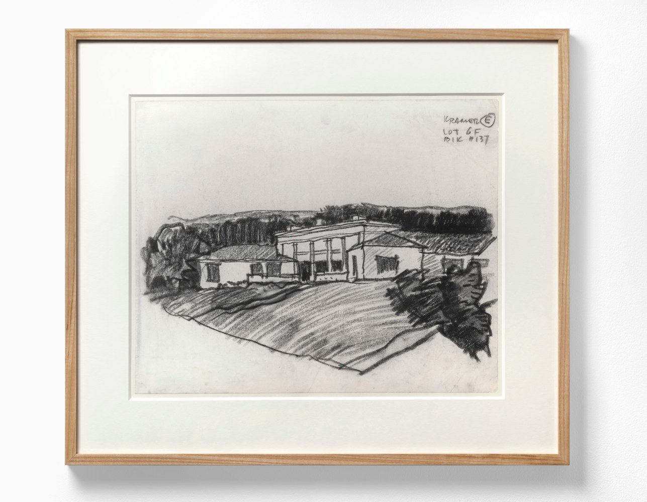 Richard Neutra (1892-1970) Kramer House, Norco, CA, East View, c. 1953     charcoal on paper 13 7/8 x 16 7/8 inches;  35.2 x 42.9 centimeters LSFA# 15416