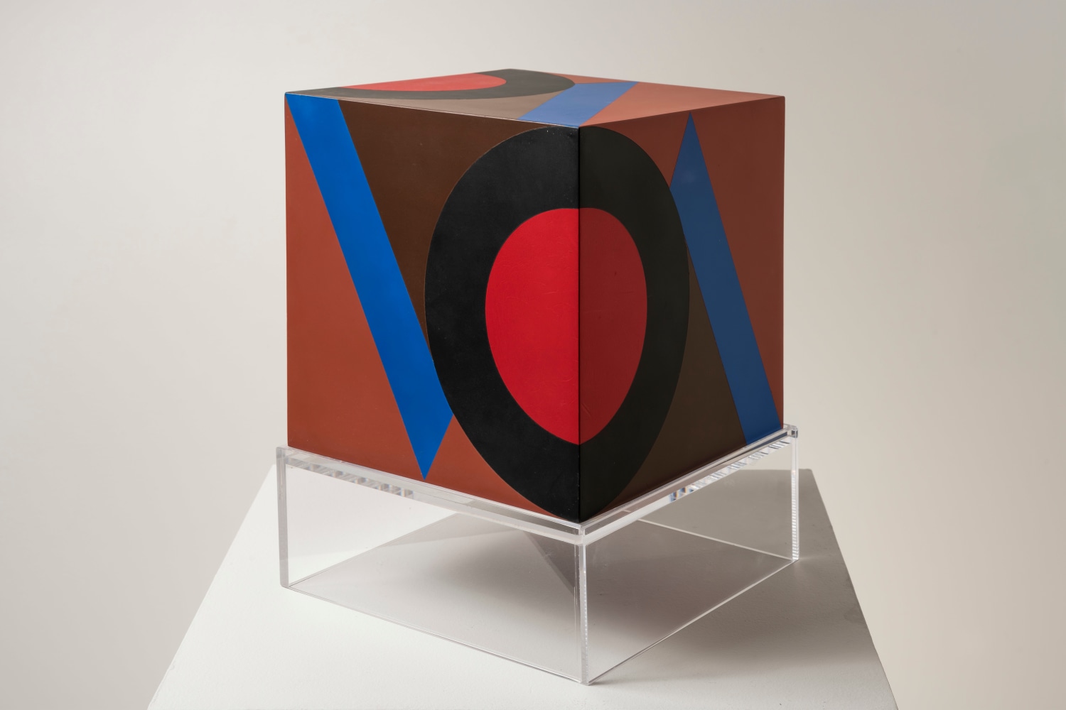 Karl Benjamin (1925-2012) Untitled Cube (Brown Background VC), 1984     oil on wood 10 x 10 x 10 inches;  25.4 x 25.4 x 25.4 centimeters LSFA# 13126