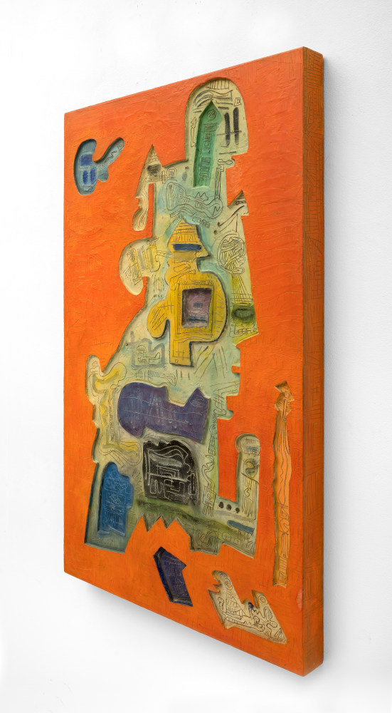 Ynez Johnston (1920-2019) Tropical Interior, 1970  mixed media on carved wood 40 x 24 inches;  101.6 x 61 centimeters LSFA# 13427