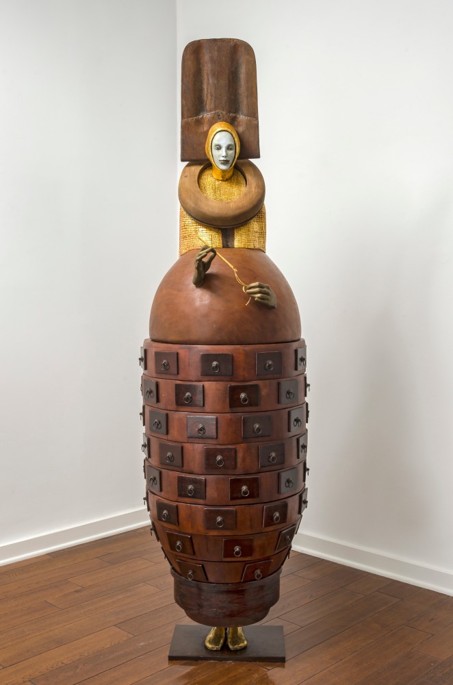 Cecilia Z. Miguez (b. 1955) The Embroidery Lesson, 2007/2019 wood, bronze, found objects, plaster, gold leaf and oil paint 80 x 20 x 22 inches; 203.2 x 50.8 x 55.9 centimeters LSFA# 14293