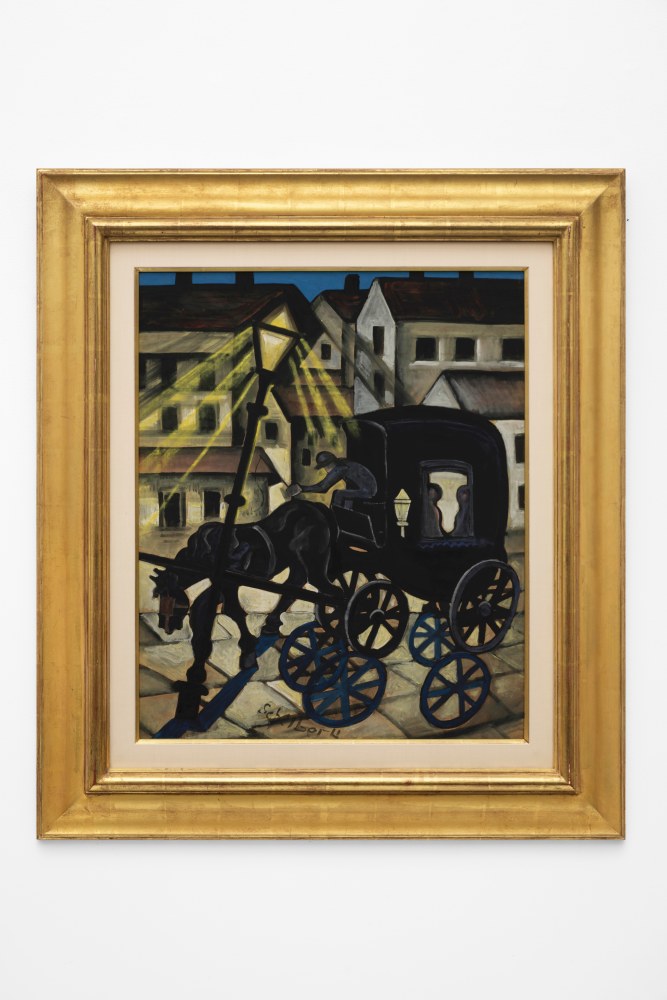Hugó Scheiber (1873-1950) Carriage at Night, circa 1930     tempera and gouache on paper 27 1/2 x 22 1/2 inches;  69.9 x 57.2 centimeters LSFA# 10138