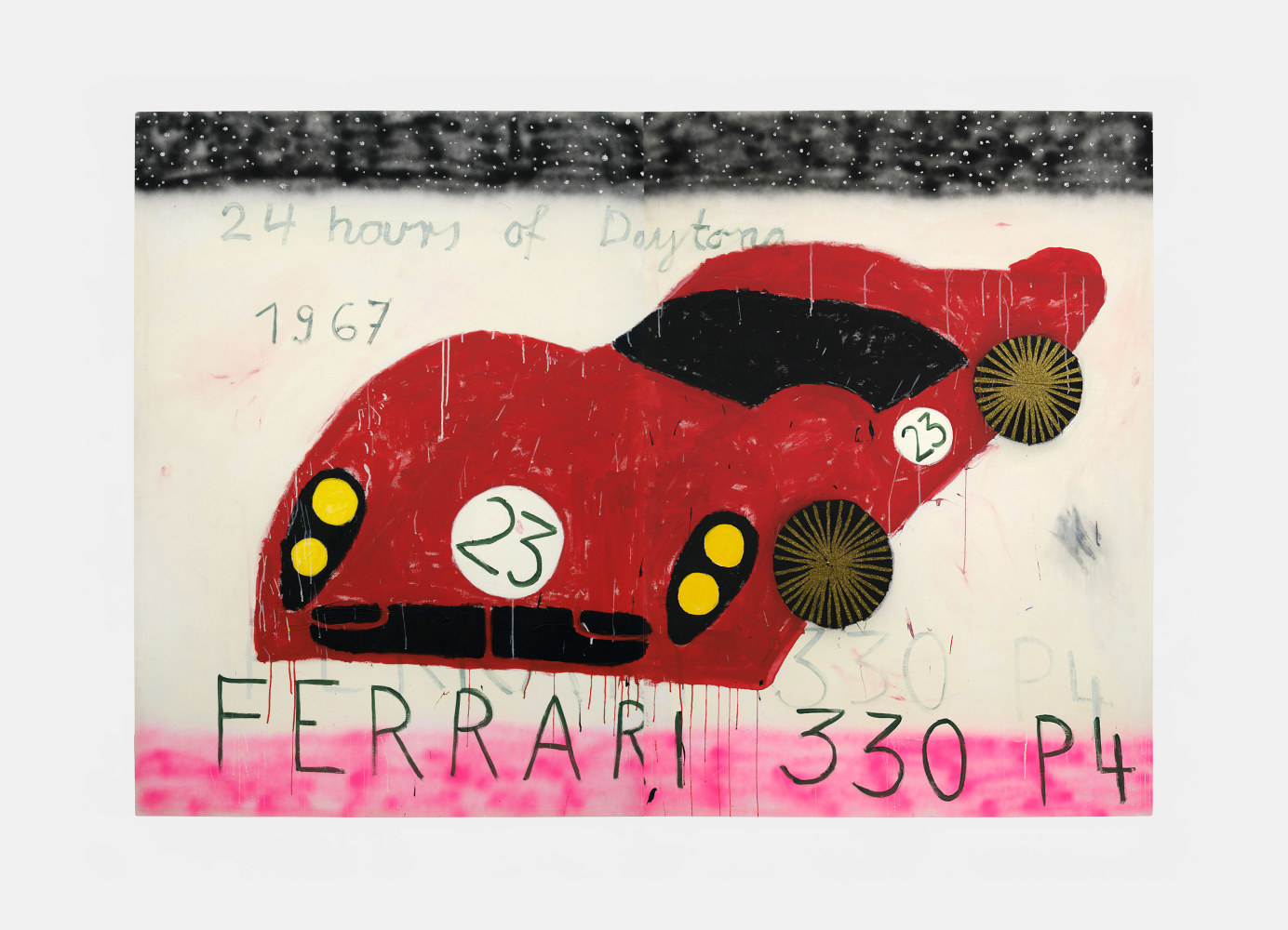 Gabrielle Graessle
24 hours of daytona ferrari, 2024
Acrylic glitter and spray on canvas
50.50h x 140.50w x 1.25d in
128.27h x 356.87w x 3.18d cm