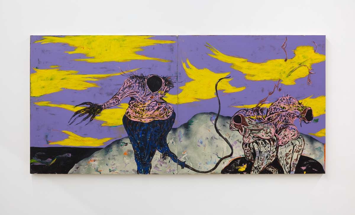 Simphiwe Ndzube
The Maestro & Singers, 2018
acrylic on canvas mounted on wood, 2 panels
39.50h x 84.00w in
100.33h x 213.36w cm
