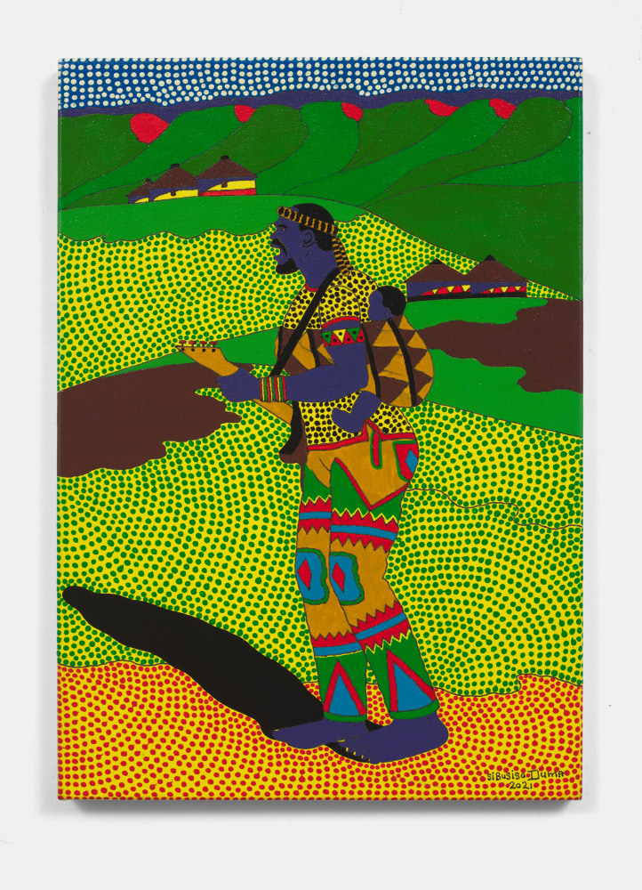 Sibusiso Duma
Maskandi, 2021
Acrylic on Canvas
23.43h x 16.54w x 1d in
59.50h x 42w x 2.54d cm