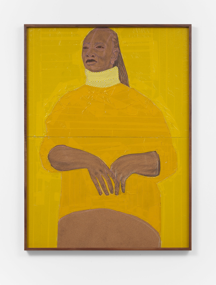 Serge Attukwei Clottey
Yellow sisi, 2020-2021
Oil paint, duct tape on cork board
50h x 37w in
127h x 93.98w cm