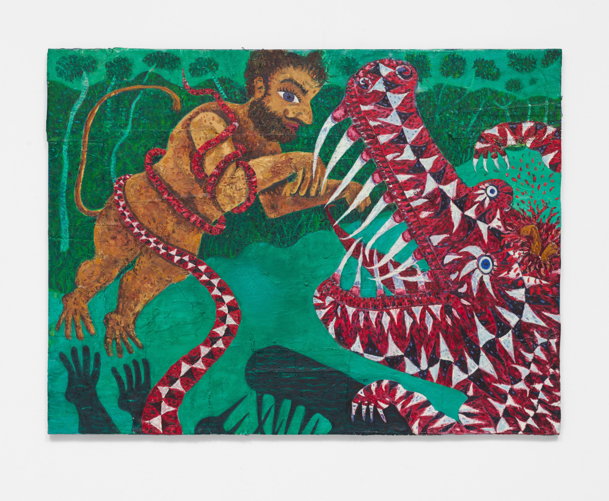 Mark Connolly
Hanuman fighting Sarusa, 2020
Oil on collaged canvas
36.22h x 48.03w in
92h x 122w cm