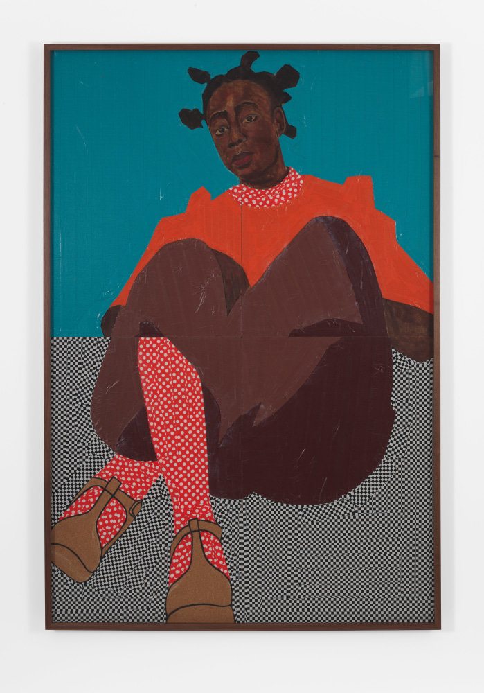 Serge Attukwei Clottey
Asantewaa, 2020-2021
Oil paint, duct tape on cork board
71h x 47.50w in
180.34h x 120.65w cm

&amp;nbsp;