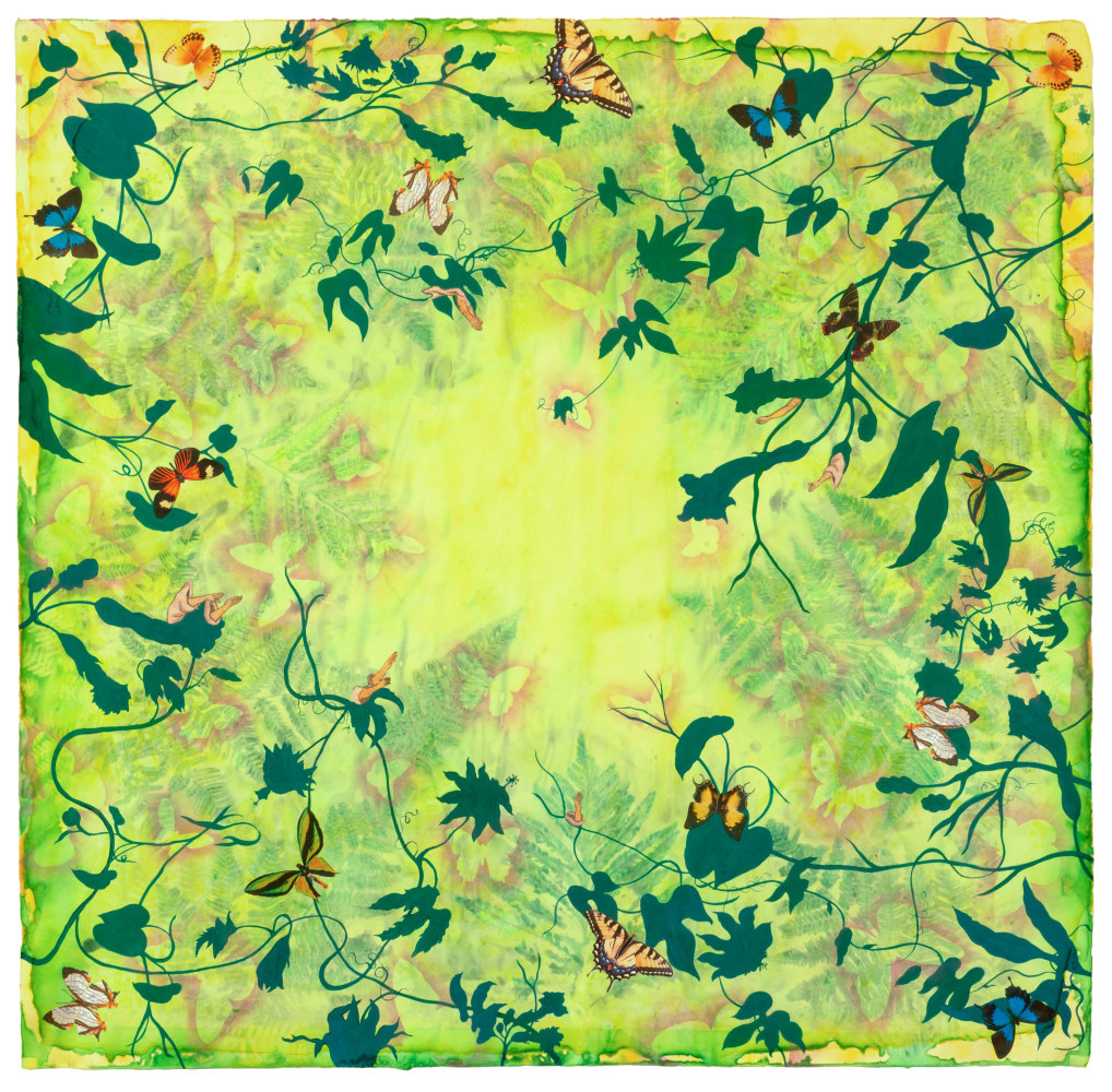 Liz Ward
Morning in the Tropics, 2025
watercolor, pastel, colored pencils, and collage on Japanese paper
45 1/2" x 44 1/2"
LW 328
 