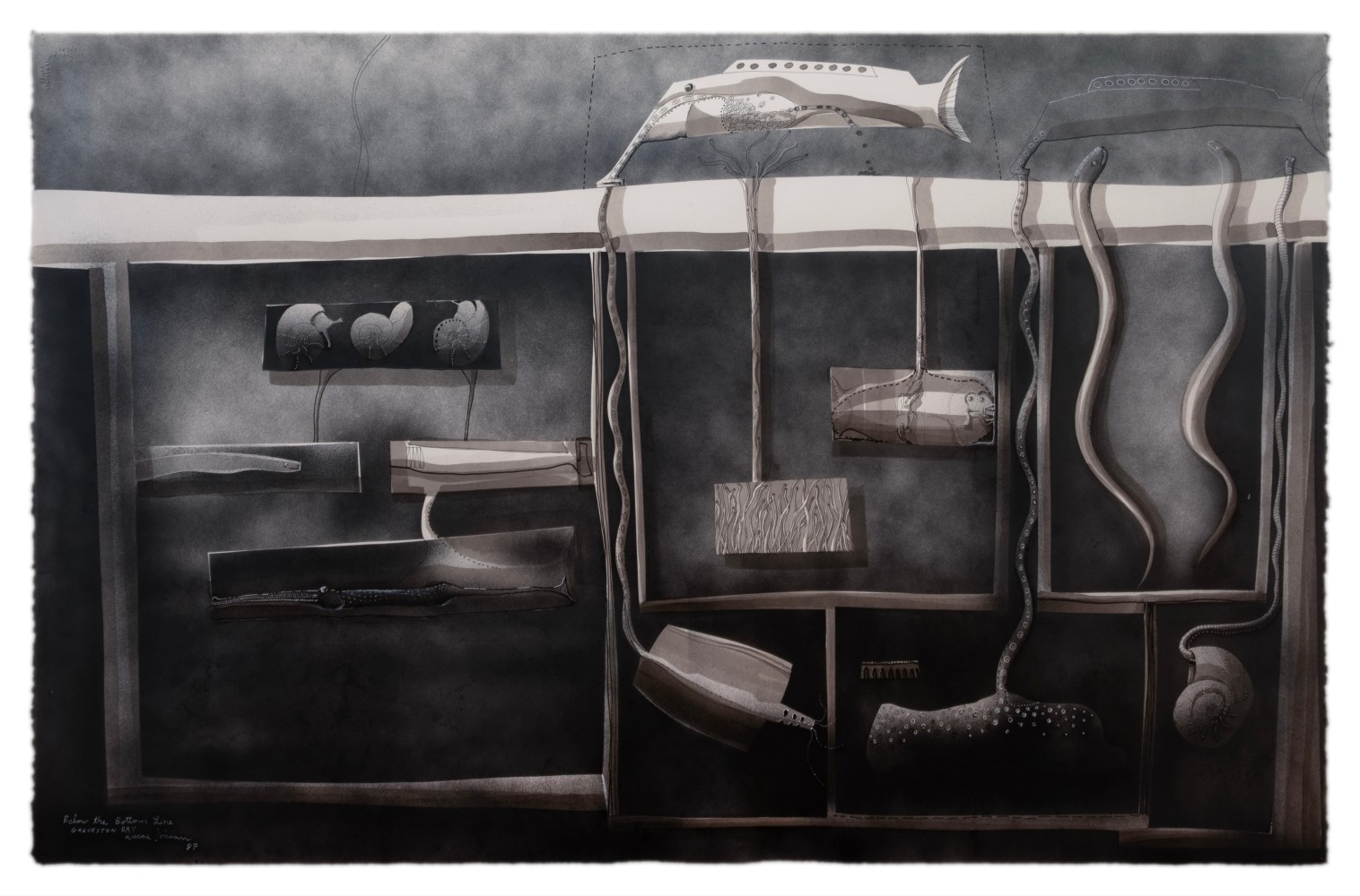 Lucas Johnson - "Below the Bottom Line", 1987 pen, ink, latex on paper 26" x 40 1/2" MC 878, Moody Gallery