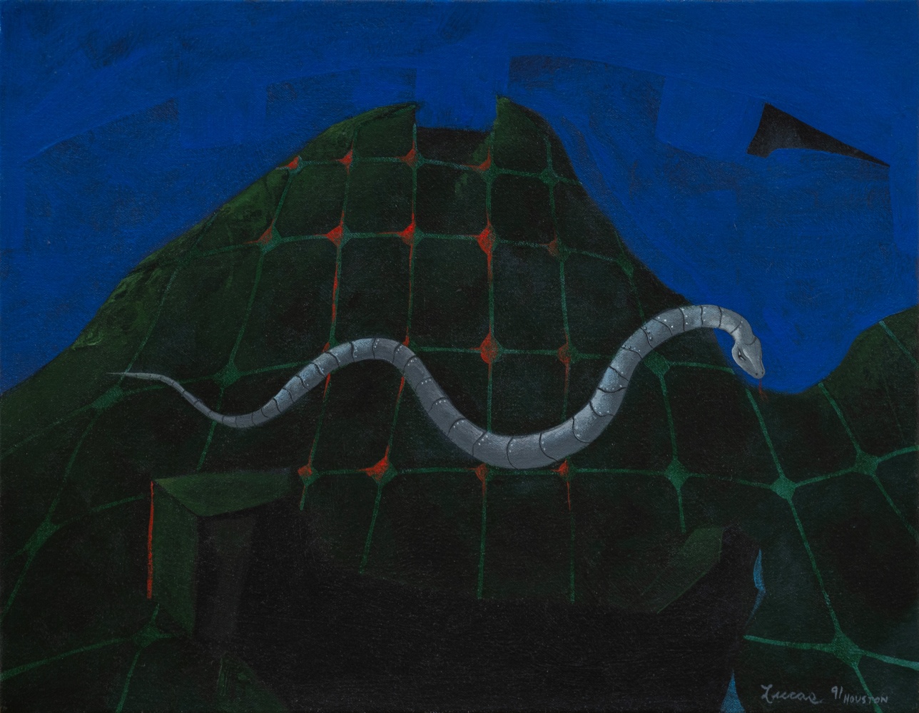 Lucas Johnson Snake, 1991 acrylic on canvas 14 1/8" x 18 1/8" x 2" LJ 910, Moody Gallery
