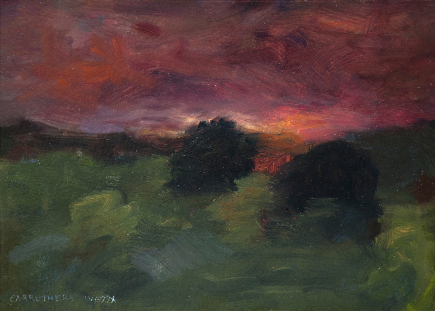Jean Carruthers Wetta Two Bushes at Sunset, 2007 oil on multi-media artboard 5" x 7" JCW 90 Moody Gallery
