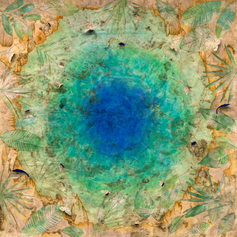 Liz Ward Cenote: Earth's Eye, 2021 watercolor, gouache, pastel, and collage on Mexican amate paper 45 1/2” x 45 1/2” LW 337