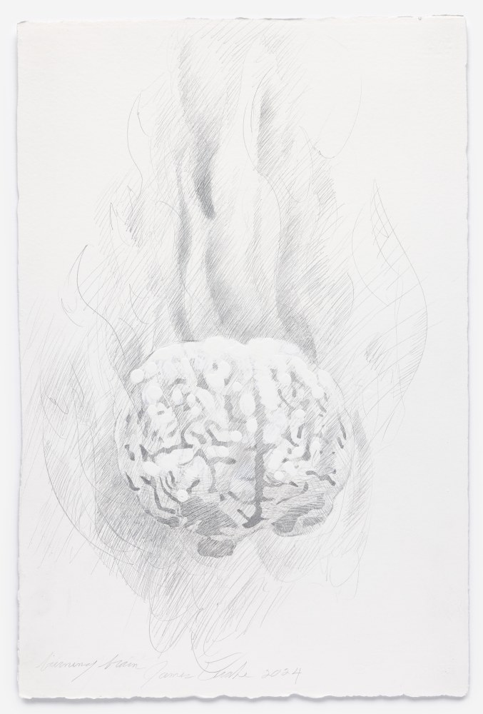 James Drake Burning Brain, 2024 silverpoint on gessoed paper 22 3/4" x 15" JD 361, Moody Gallery