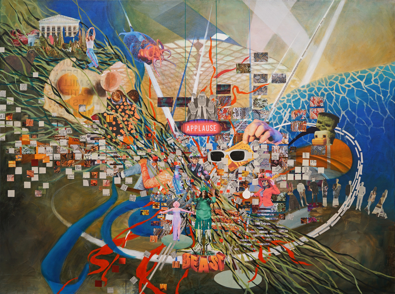 Sherry Tseng Hill under the big top, 2025 de-acidified newsprint and other paper, acrylic on canvas 36" x 48" STH 82