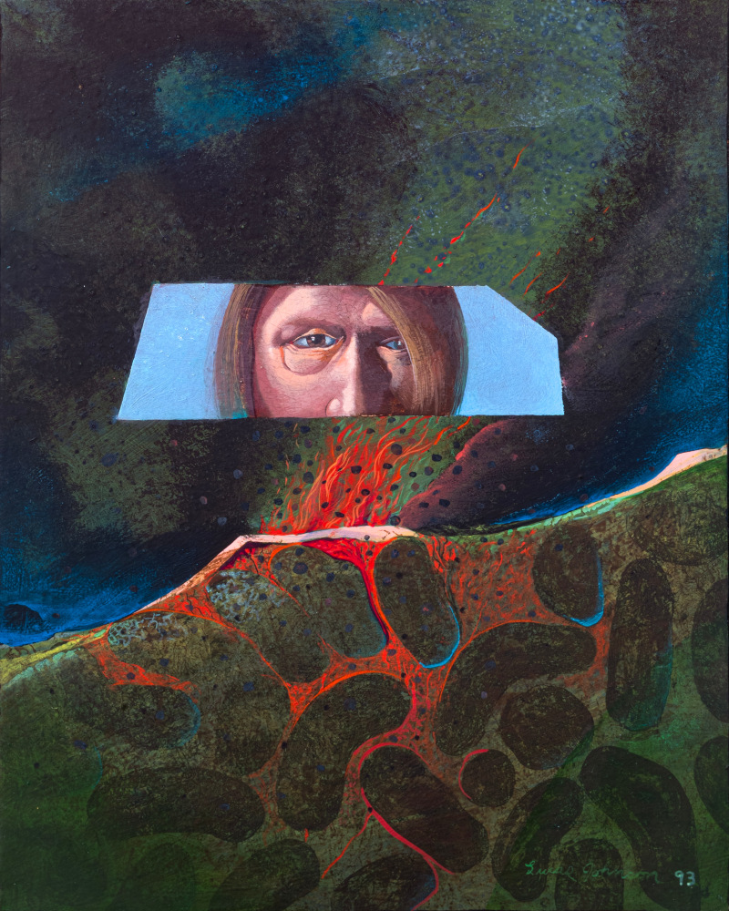 Lucas Johnson - "Motoring South", 1993 acrylic on paper mounted on canvas 13 3/4" x 11" MC 1149, Moody Gallery