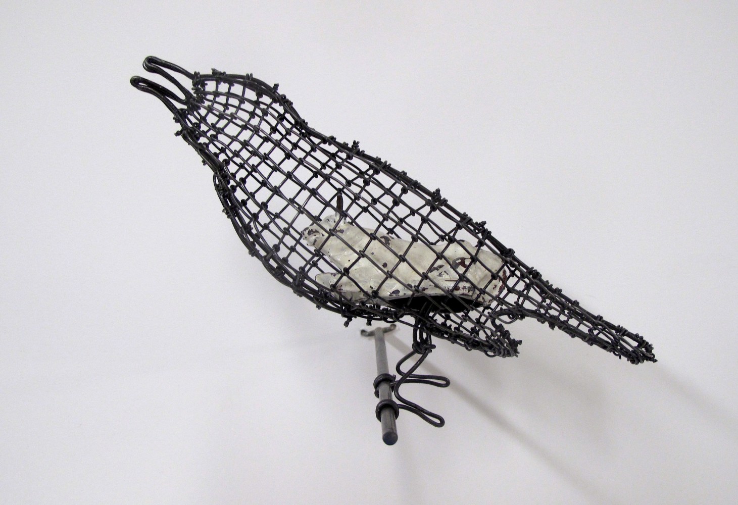 Helen Altman Resting White Cow / Bird, 2023 steel wire, vintage Britains lead cow, metal perch 5" x 8" x 6" HA 843