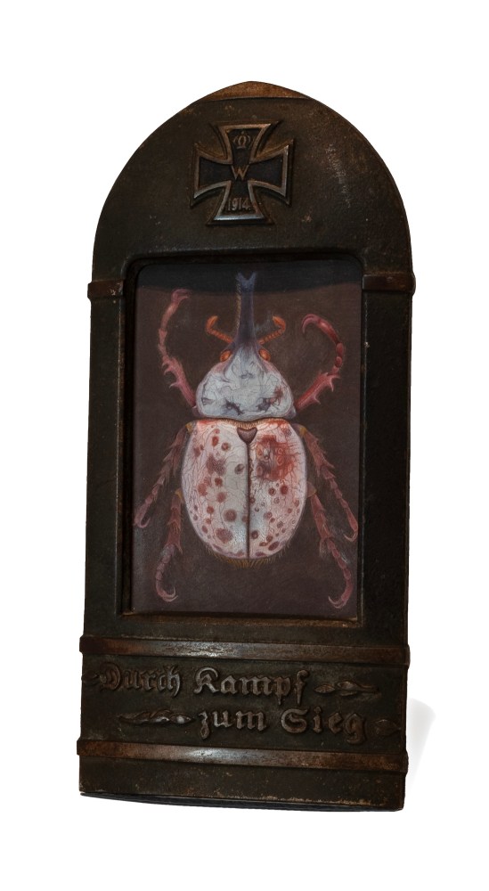 Ellen Tanner Rhinoceros Beetle study, 2024 oil on panel, WW1 antique frame 3 1/2" x 2 1/4" painting ET 63, Moody Gallery