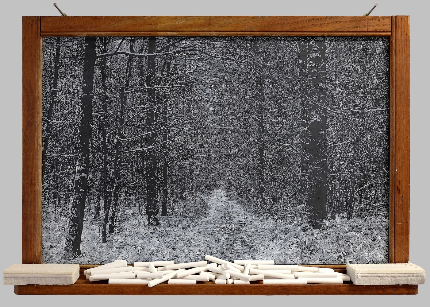 Helen Altman Cold Road, 2018 vintage slate chalkboard, acrylic paint, erasers, chalk 20 1/2&quot; x 30 1/4&quot; x 3&quot; MC 1173