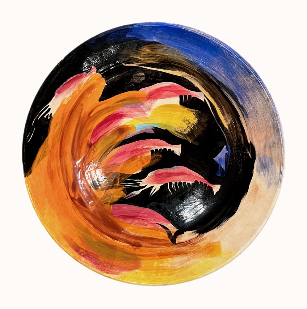 Lucas Johnson Untitled, c. 1990 glazed ceramic platter 14" diameter LJ 851, Moody Gallery