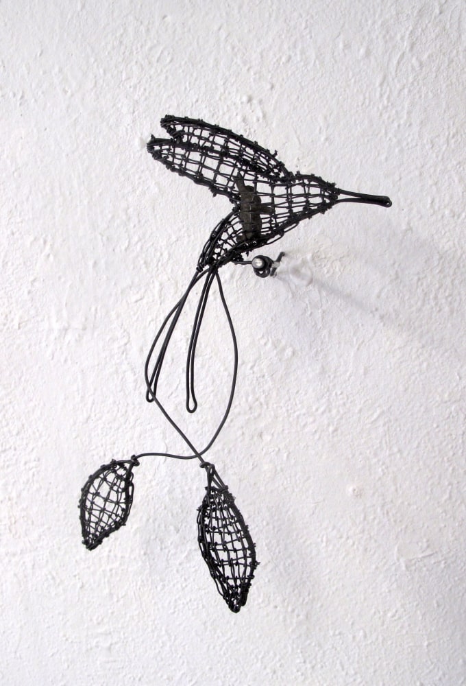 Helen Altman Spatuletail Hummer, 2025 steel wire, perch, vintage Heyd rabbit 10'' x 10'' x 5 1/2'' HA 891