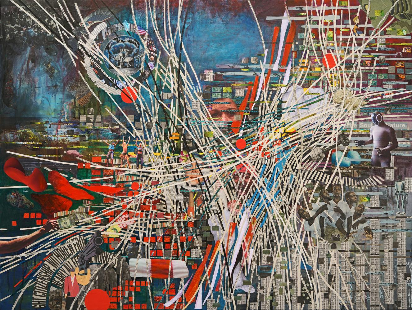 Sherry Tseng Hill facing, hidden, hollering, muffled, 2025 de-acidified newsprint and other paper, acrylic on canvas 36" x 48" STH 81