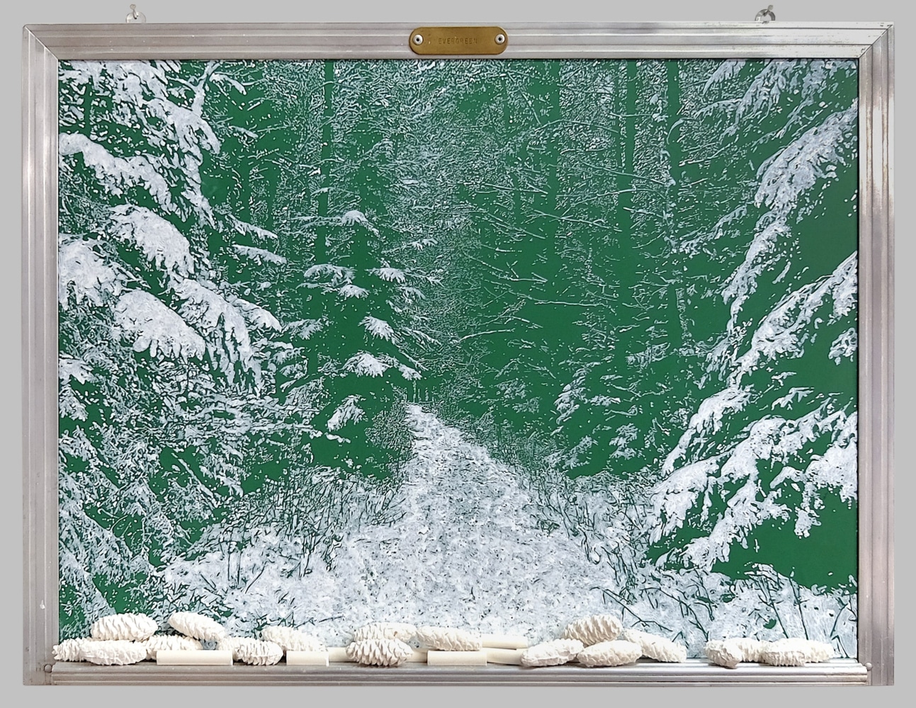 Helen Altman
Evergreen, 2023
acrylic on vintage chalkboard, cast plaster and chalk
18 1/2" x 24 1/4" x 2"
HA 836