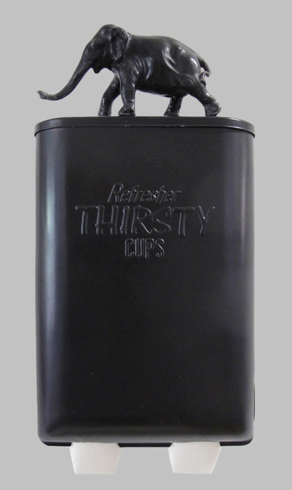 Helen Altman Thirsty Cups, 2018 vintage cup dispenser, cups, found object, paint 13" x 6 1/4" x 3" HA 703 Moody Gallery