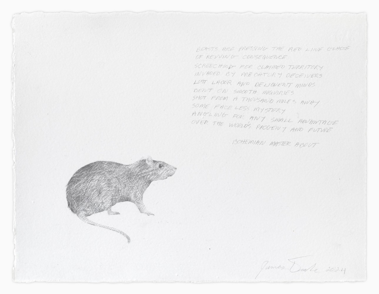 James Drake Bohemian Master About, 2024 silverpoint on gessoed paper 11 1/2" x 15" JD 342, Moody Gallery