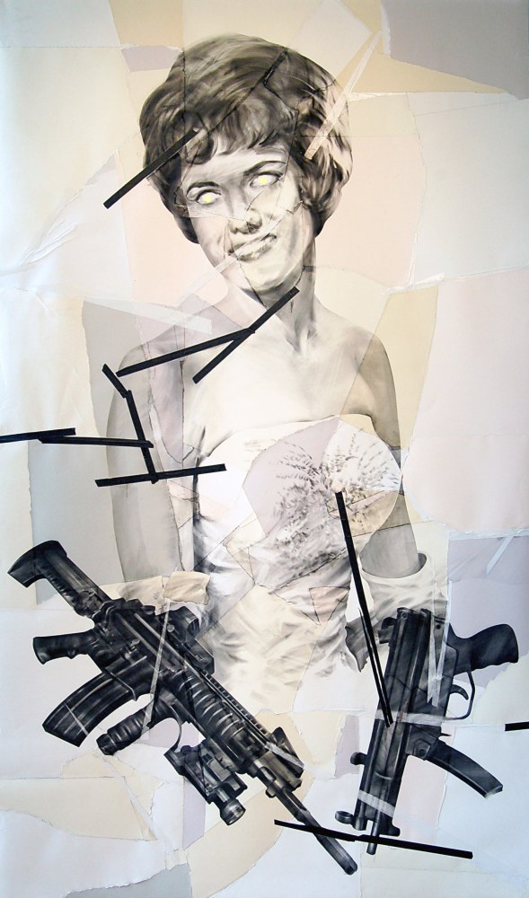 James Drake Lock and Load the Golden Apple, 2005 charcoal, tape, gold leaf on paper mounted on canvas 120" x 72" JD 93 Moody Gallery